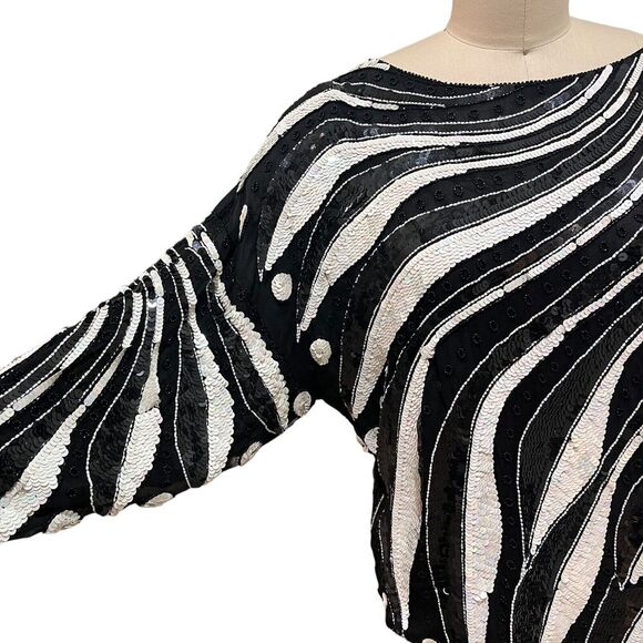 VTG Creative Creations Sequin Beads Sequins Top black White Silk sz Medium - Picture 5 of 7